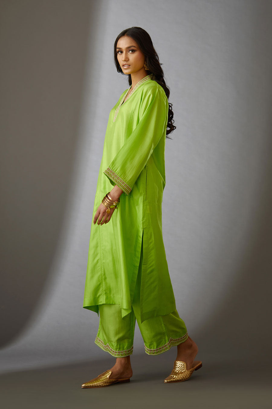 Lime Green Silk Embroidered Kurta & Pant Set