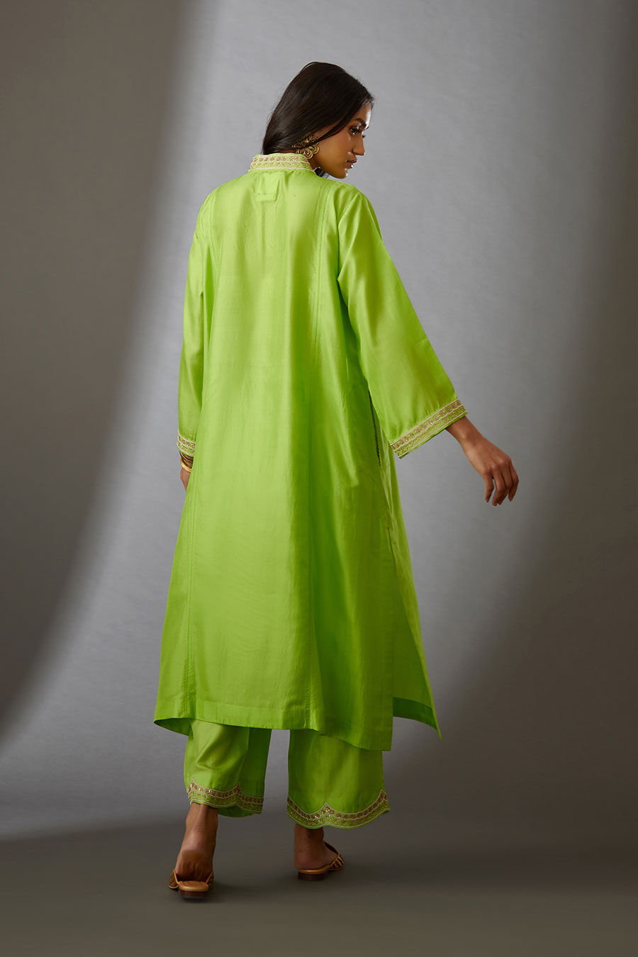 Lime Green Silk Embroidered Kurta & Pant Set