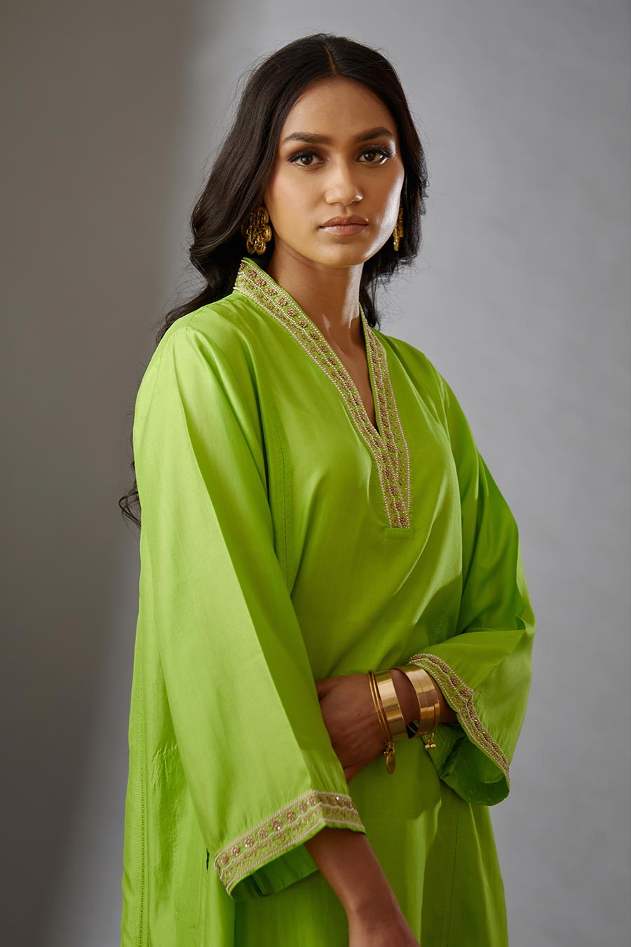 Lime Green Silk Embroidered Kurta & Pant Set