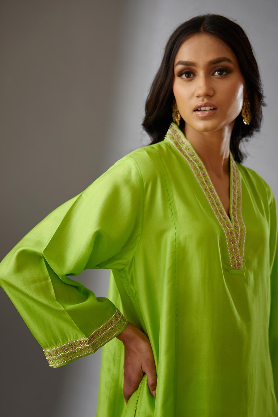 Lime Green Silk Embroidered Kurta & Pant Set