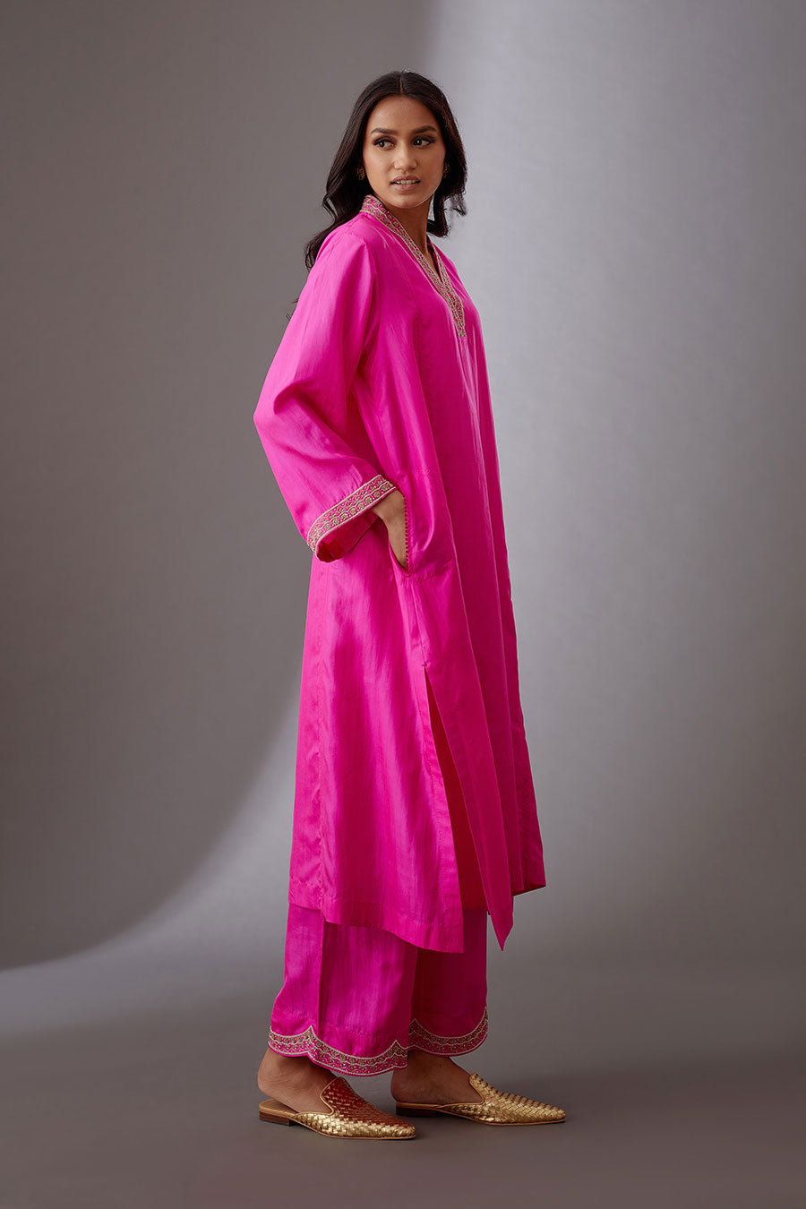 Rose Pink Silk Embroidered Kurta & Pant Set