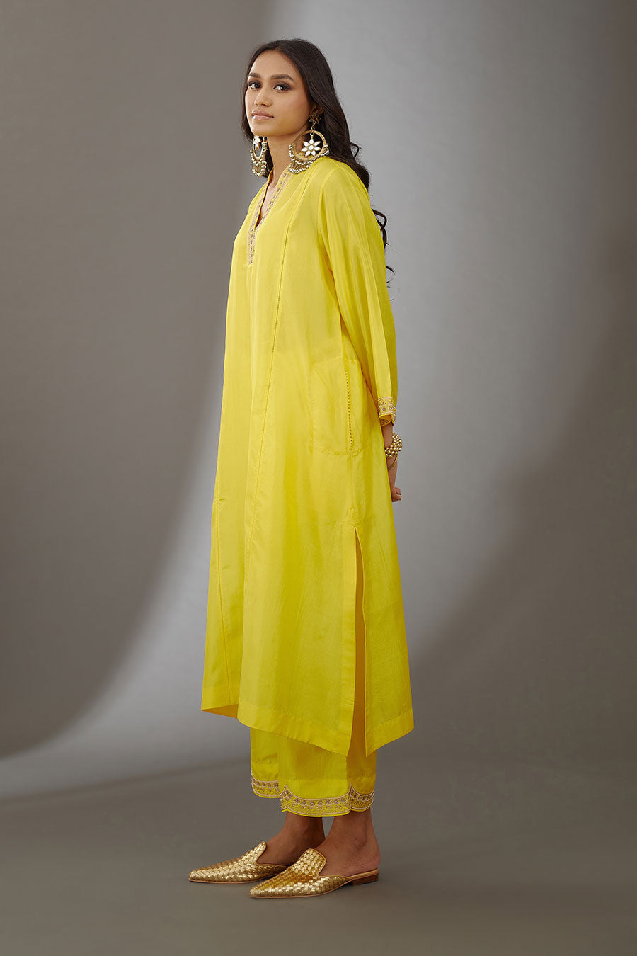 Yellow Silk Embroidered Kurta & Pant Set