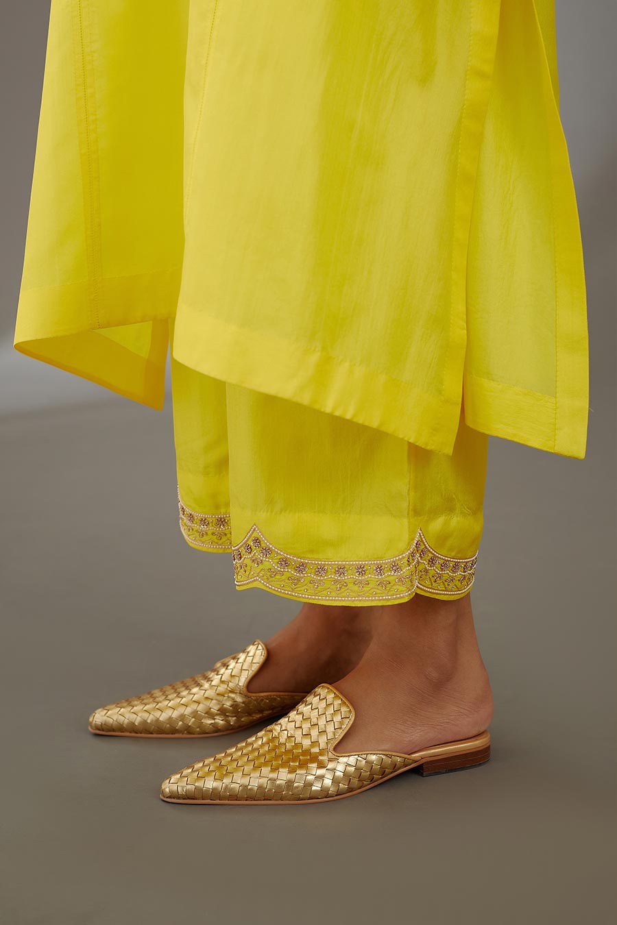Yellow Silk Embroidered Kurta & Pant Set
