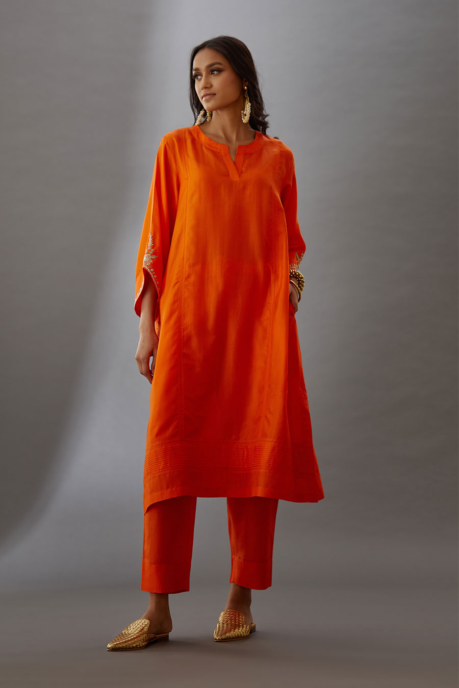 Coral Silk Embroidered Kurta & Pant Set