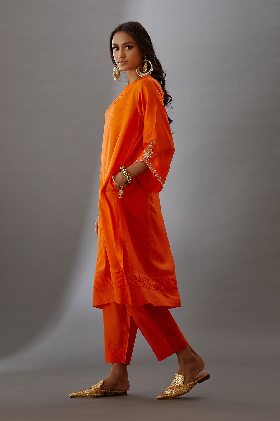 Coral Silk Embroidered Kurta & Pant Set