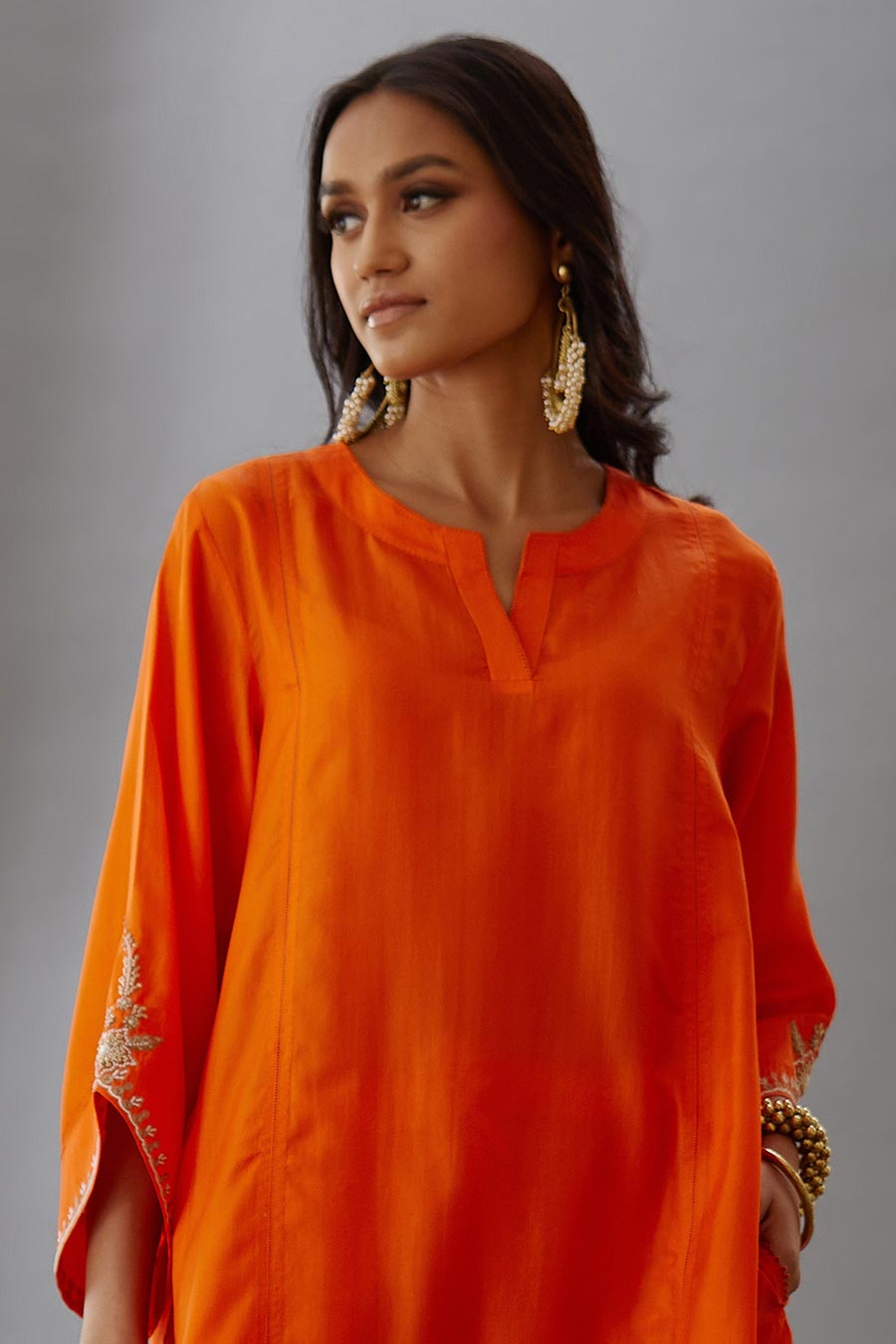 Coral Silk Embroidered Kurta & Pant Set