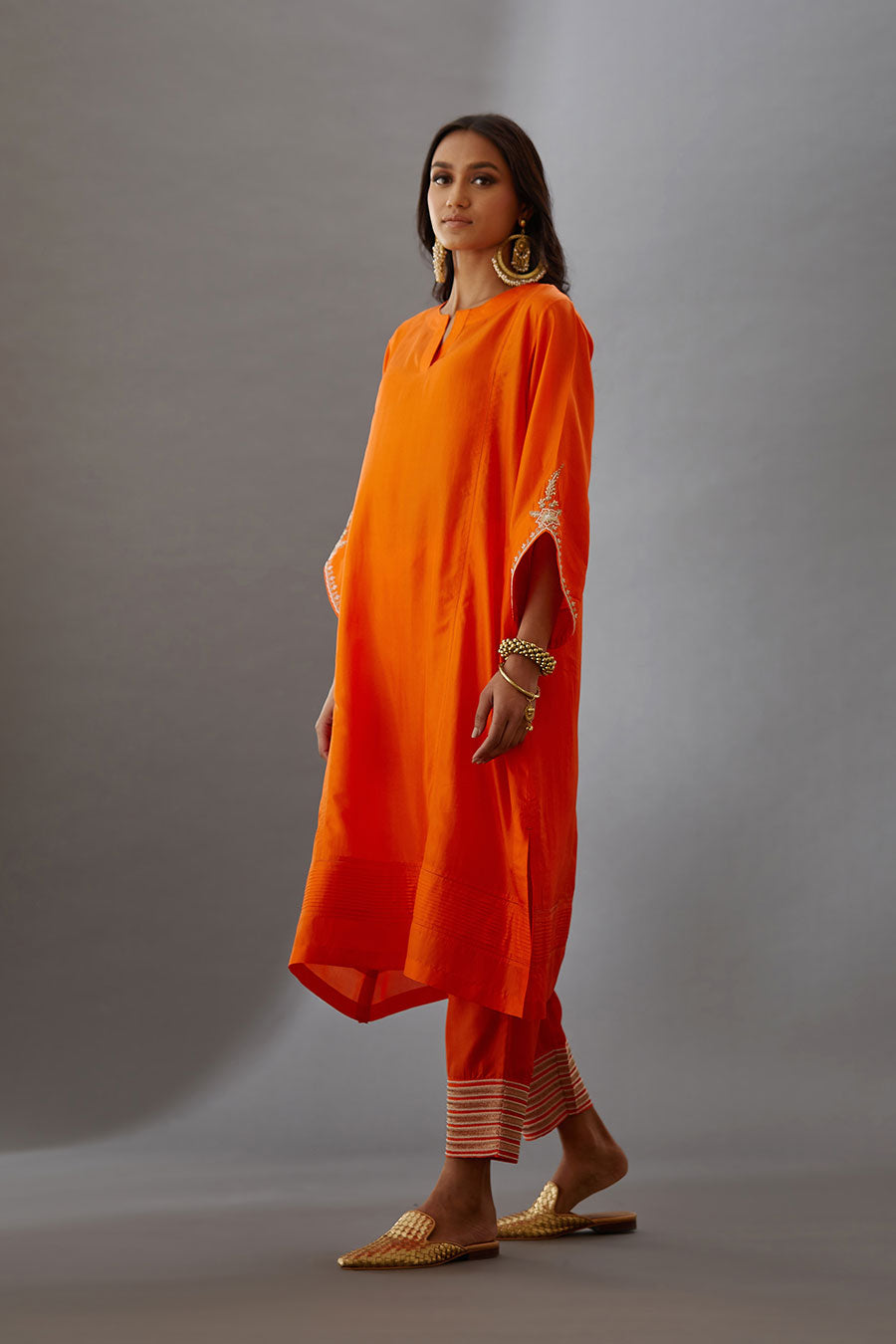 Coral Silk Embroidered Kurta & Pant Set