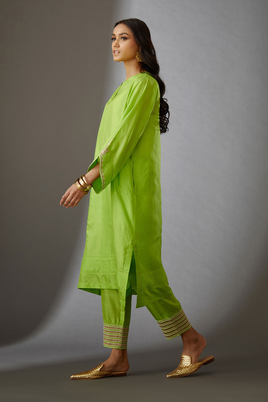 Lime Green Silk Embroidered Kurta & Pant Set