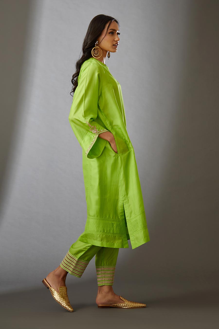 Lime Green Silk Embroidered Kurta & Pant Set