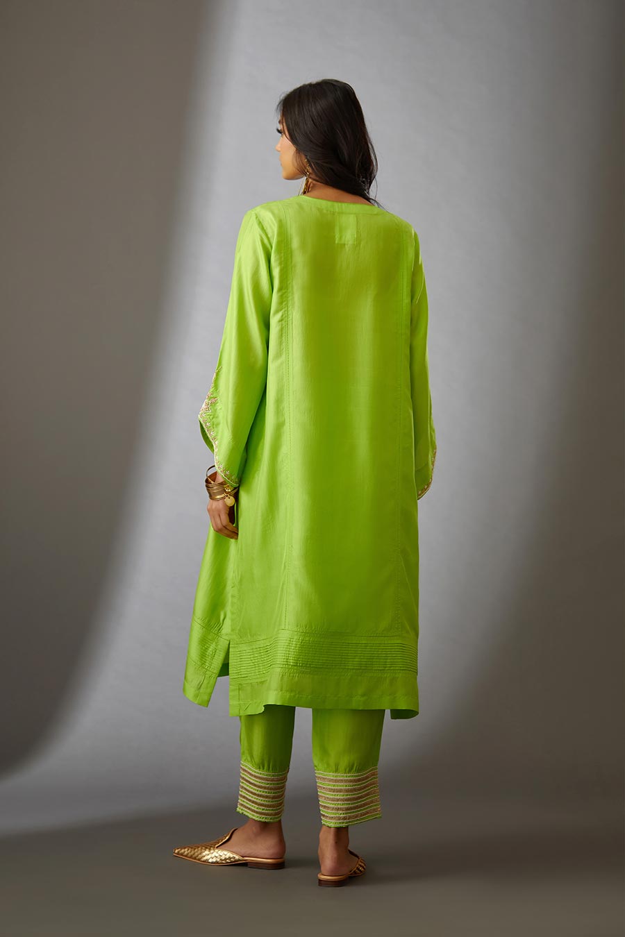 Lime Green Silk Embroidered Kurta & Pant Set