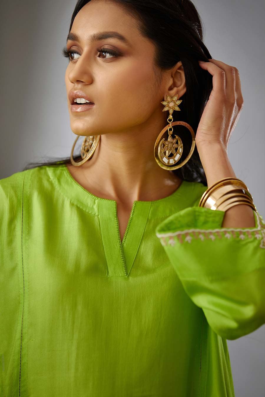 Lime Green Silk Embroidered Kurta & Pant Set