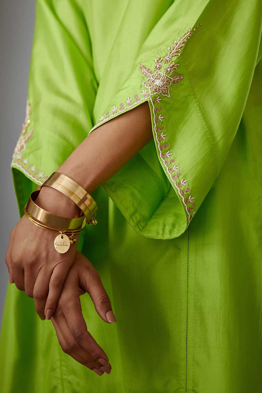 Lime Green Silk Embroidered Kurta & Pant Set