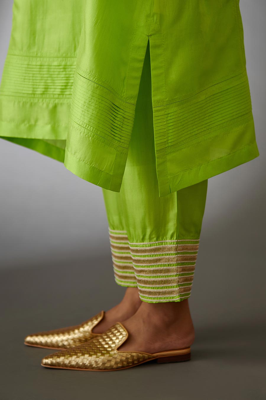 Lime Green Silk Embroidered Kurta & Pant Set
