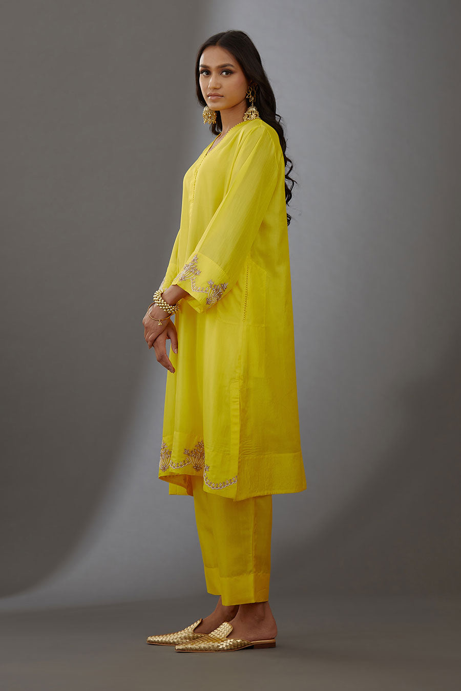 Yellow Silk Embroidered Kurta & Pant Set
