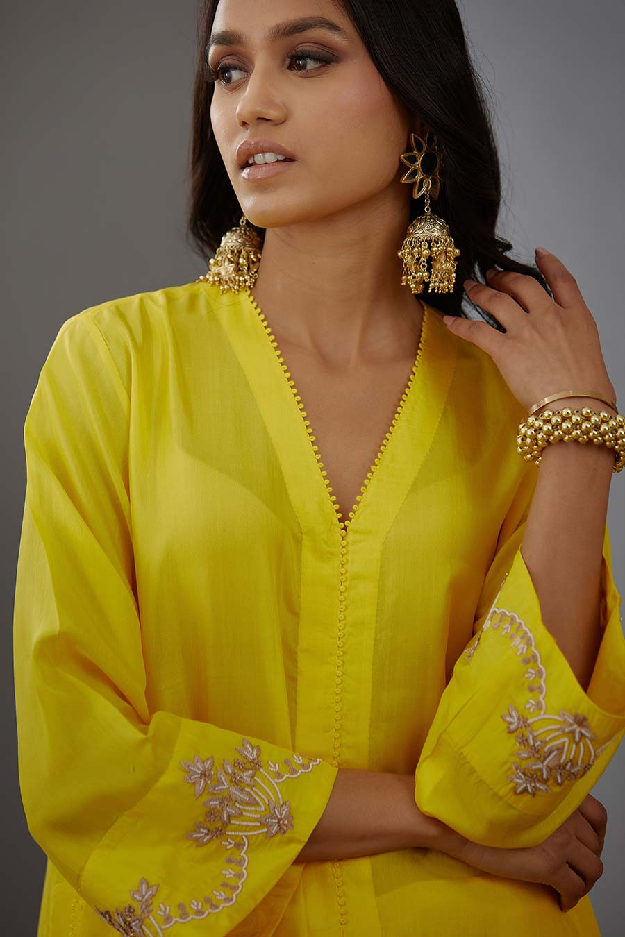 Yellow Silk Embroidered Kurta & Pant Set