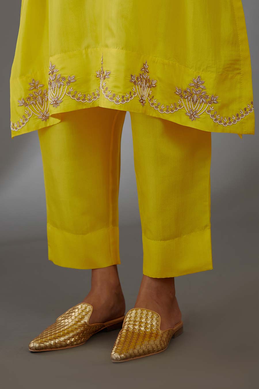 Yellow Silk Embroidered Kurta & Pant Set