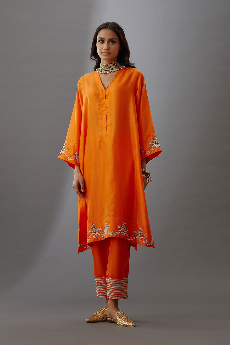 Coral Silk Embroidered Kurta & Pant Set