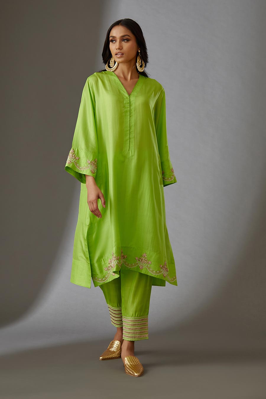 Lime Green Silk Embroidered Kurta & Pant Set