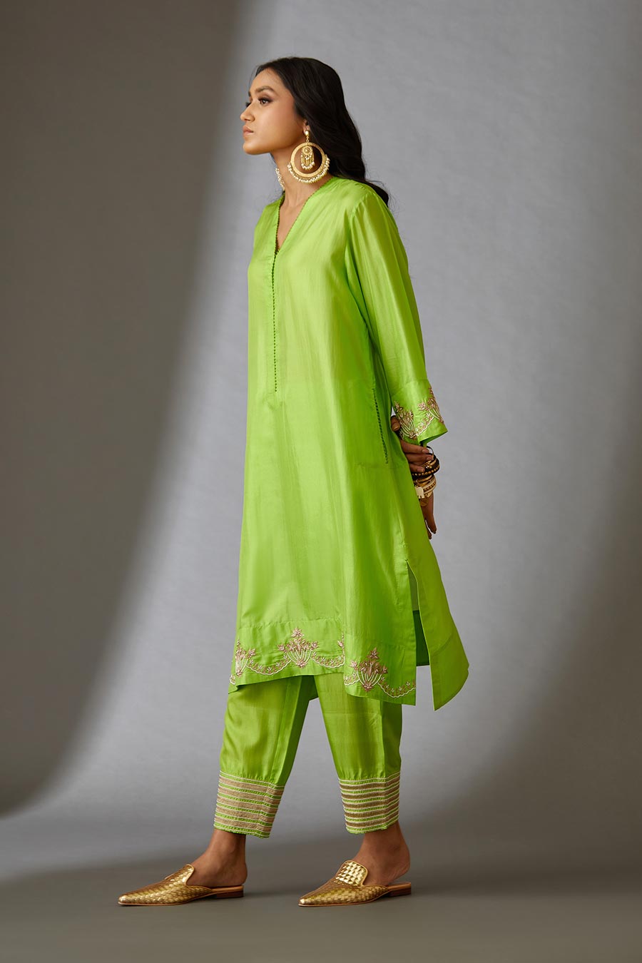 Lime Green Silk Embroidered Kurta & Pant Set