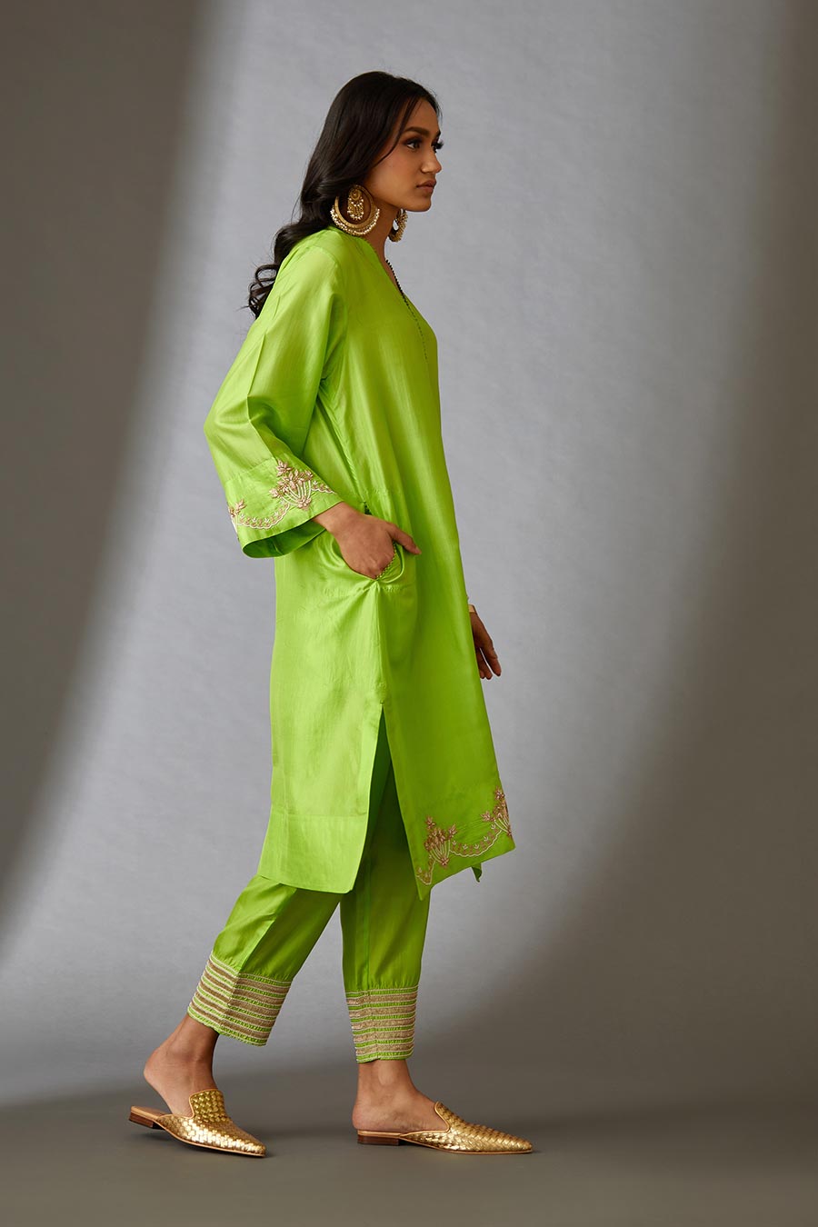 Lime Green Silk Embroidered Kurta & Pant Set