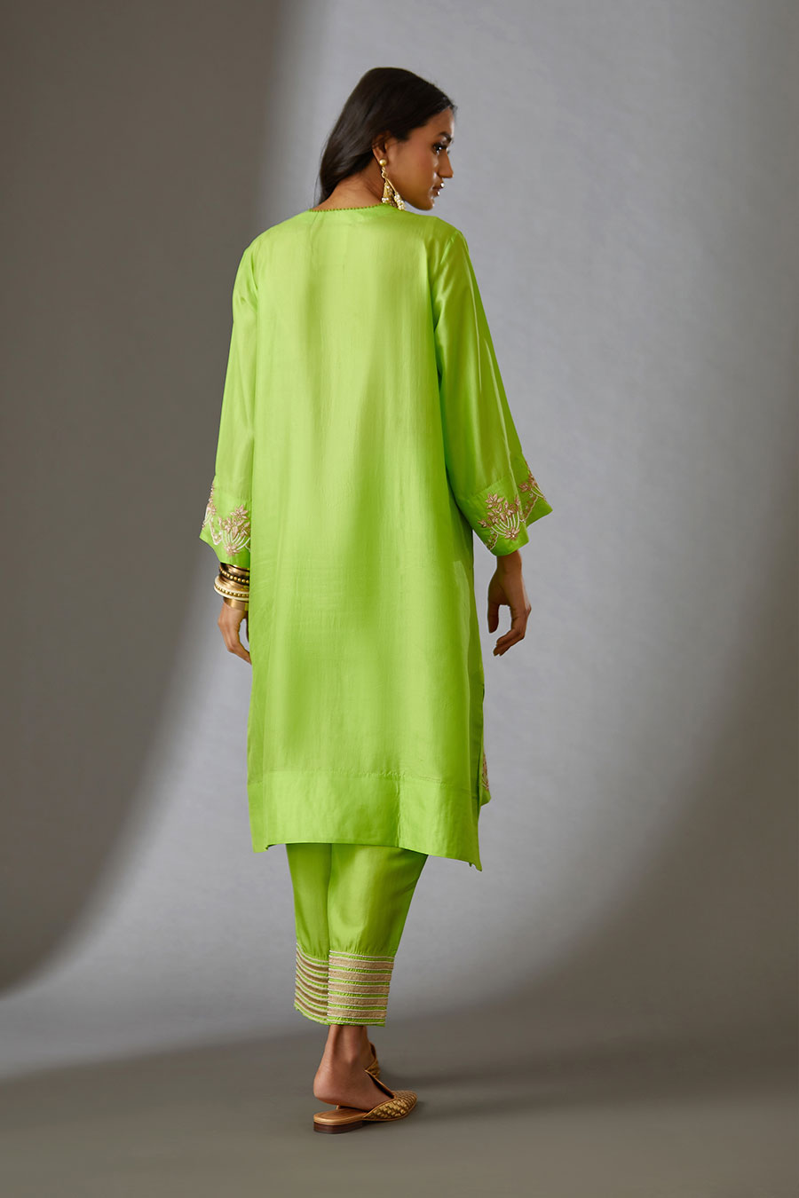 Lime Green Silk Embroidered Kurta & Pant Set