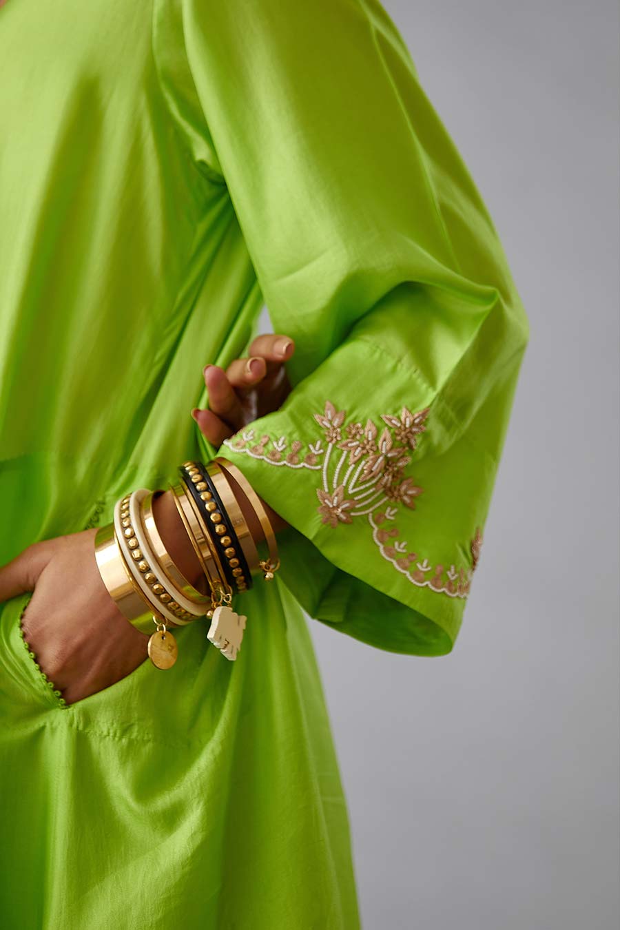 Lime Green Silk Embroidered Kurta & Pant Set