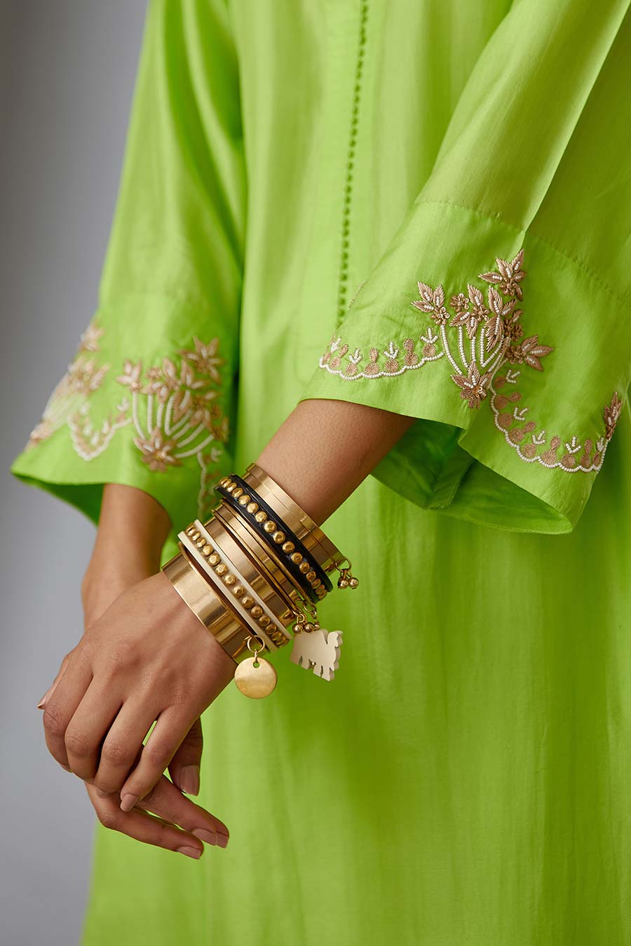 Lime Green Silk Embroidered Kurta & Pant Set