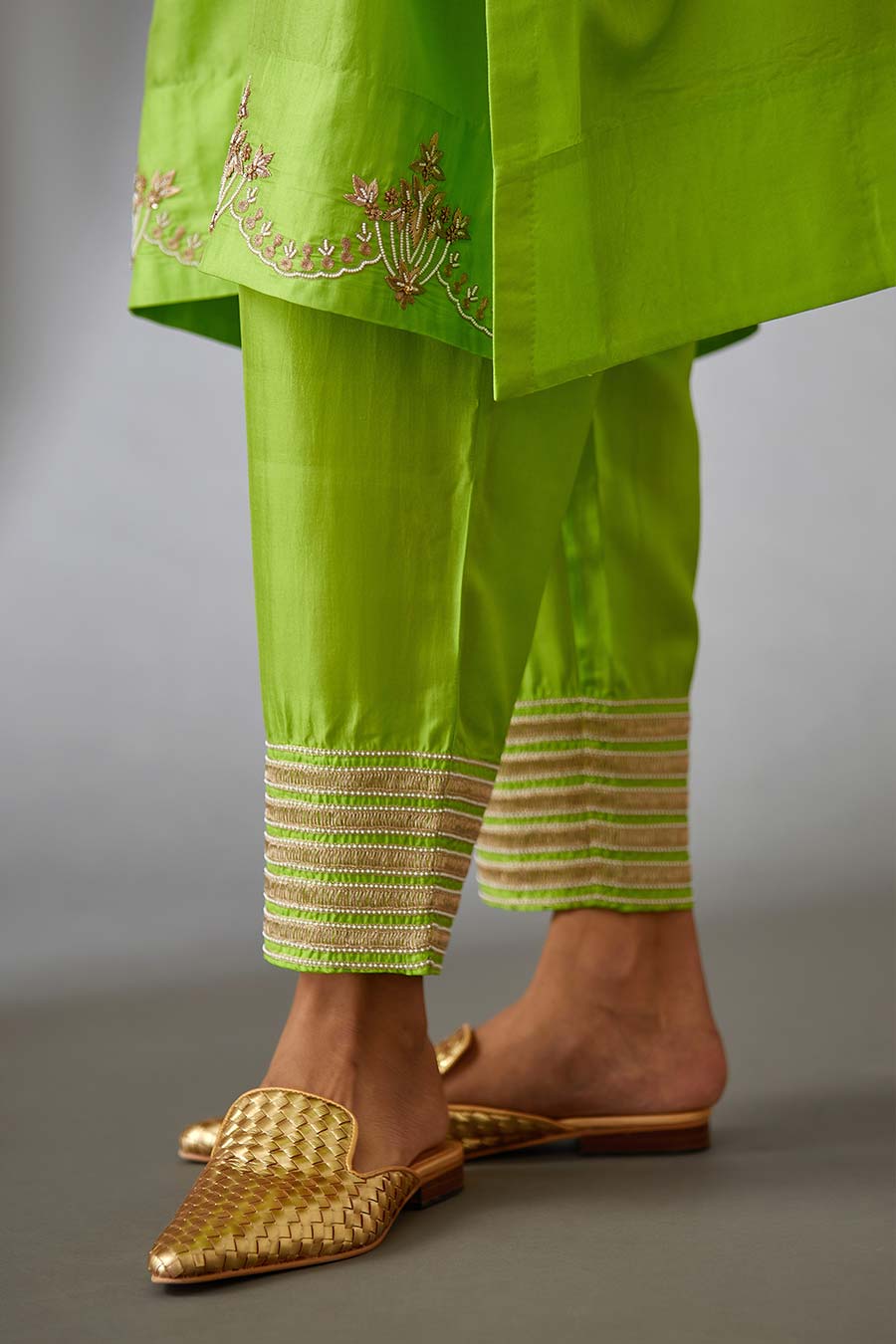 Lime Green Silk Embroidered Kurta & Pant Set