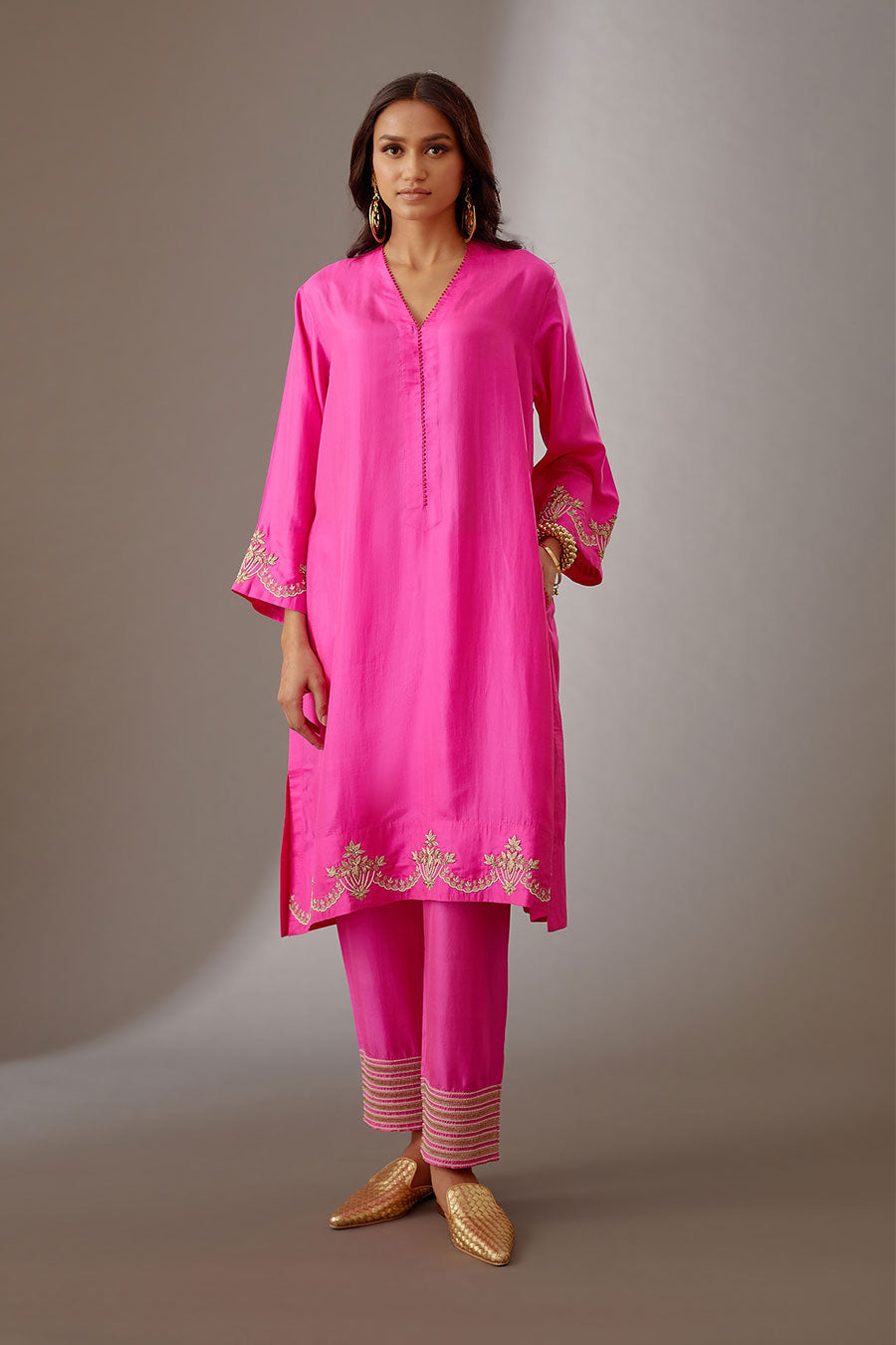 Rose Pink Silk Embroidered Kurta & Pant Set