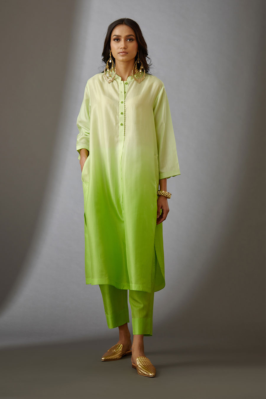 Lime Green Silk Embroidered Kurta & Pant Set