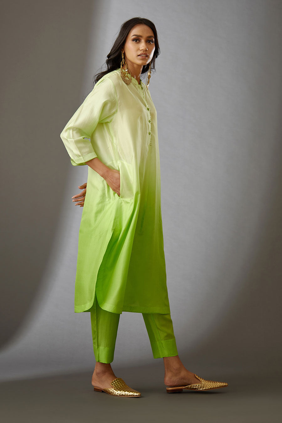 Lime Green Silk Embroidered Kurta & Pant Set