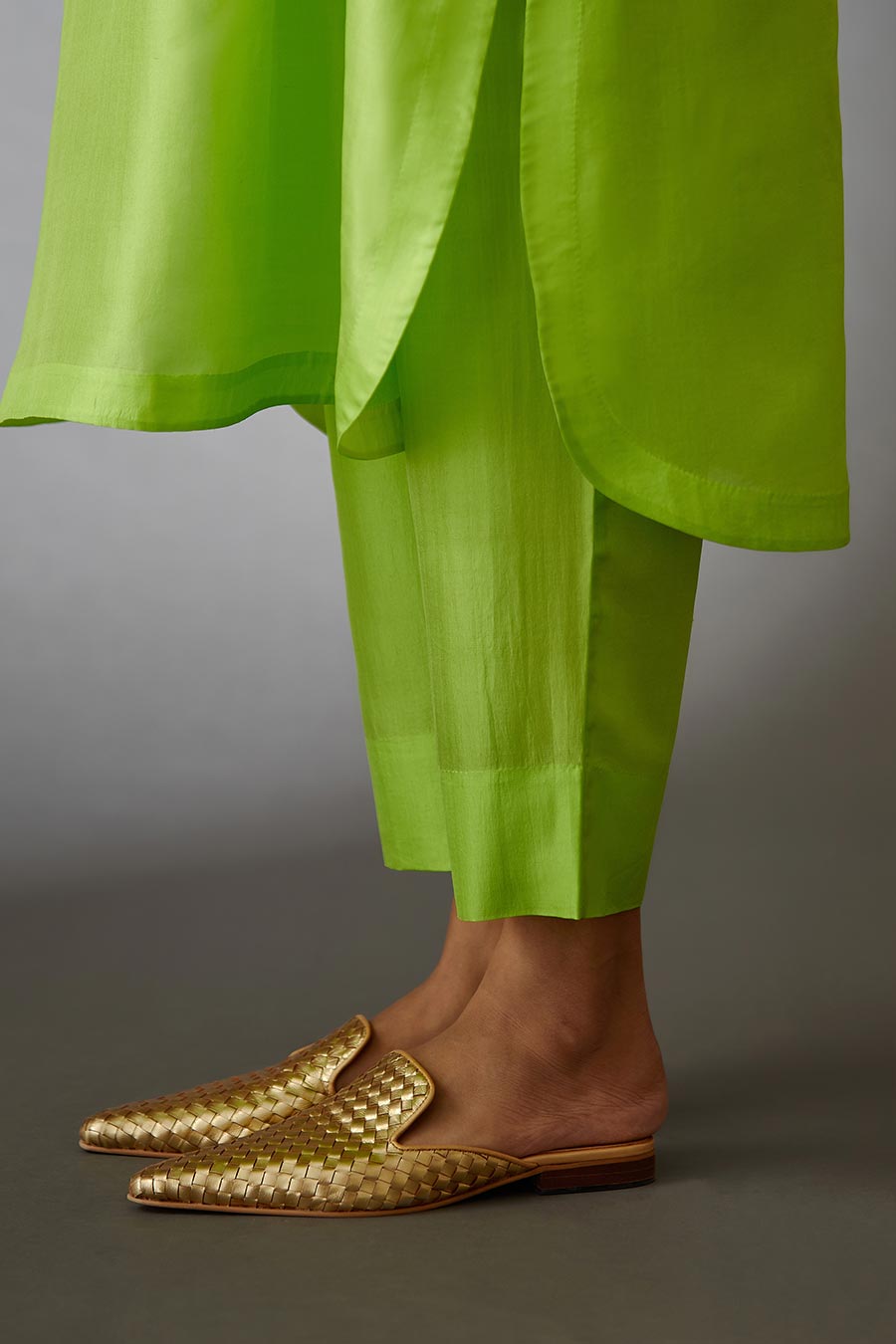 Lime Green Silk Embroidered Kurta & Pant Set