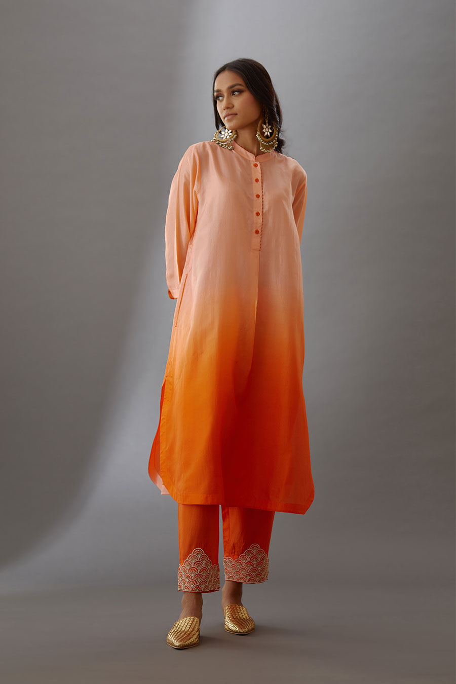 Coral Silk Embroidered Kurta & Pant Set