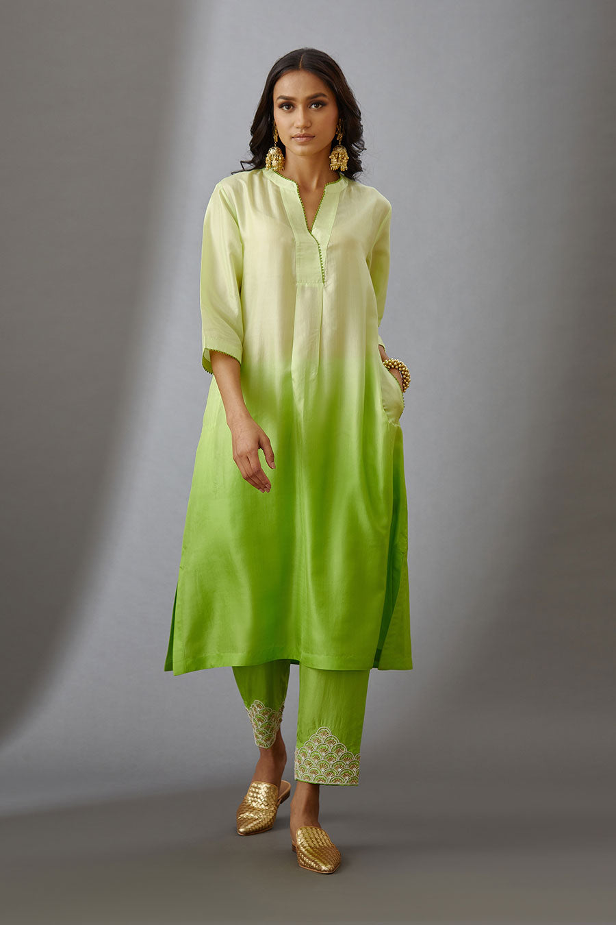 Lime Green Silk Embroidered Kurta & Pant Set