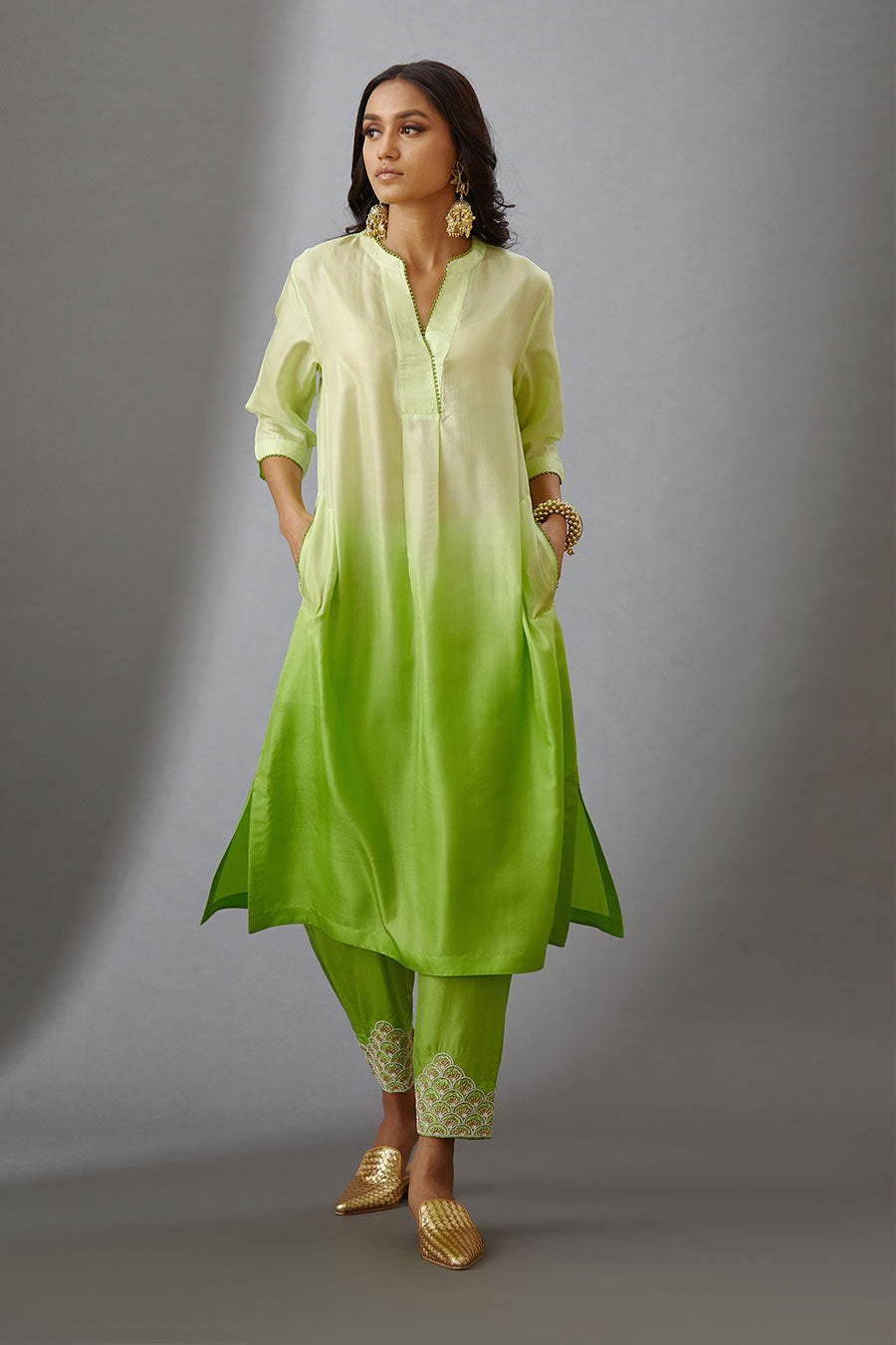 Lime Green Silk Embroidered Kurta & Pant Set