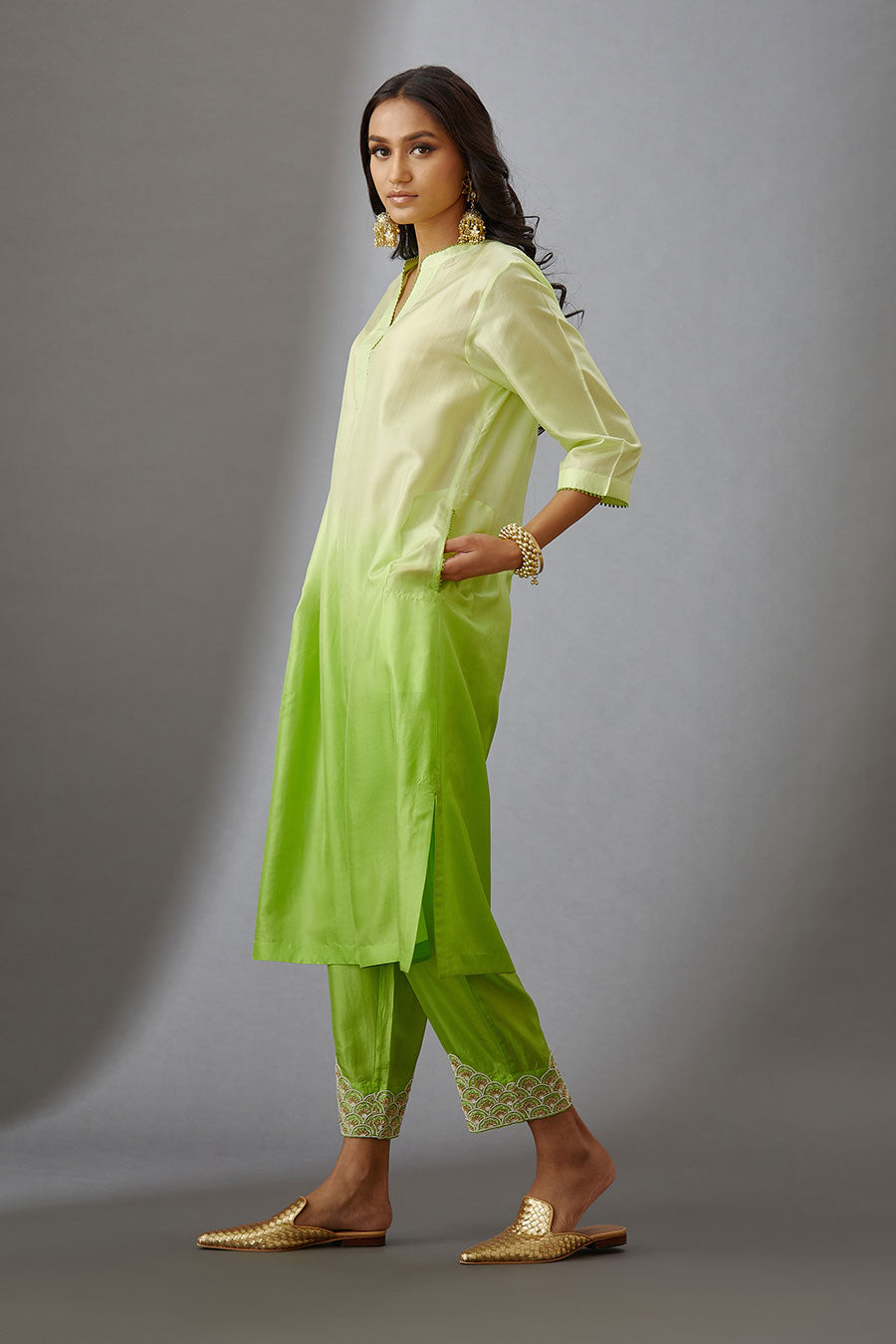 Lime Green Silk Embroidered Kurta & Pant Set