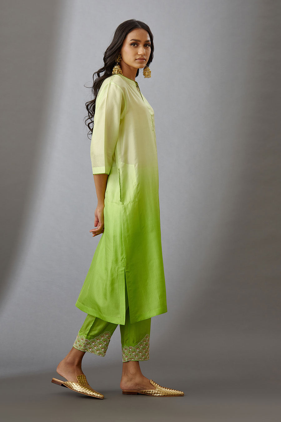 Lime Green Silk Embroidered Kurta & Pant Set