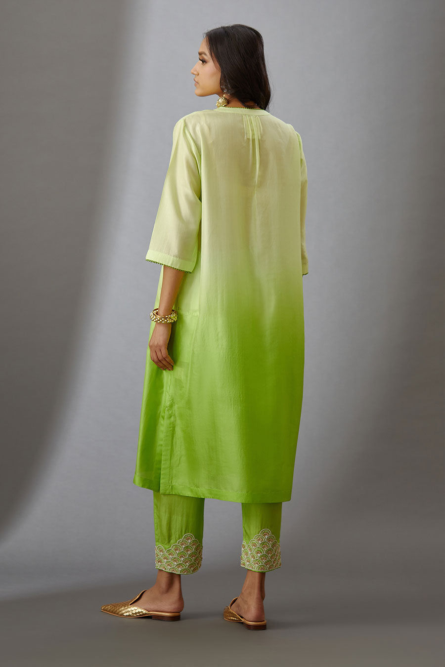 Lime Green Silk Embroidered Kurta & Pant Set