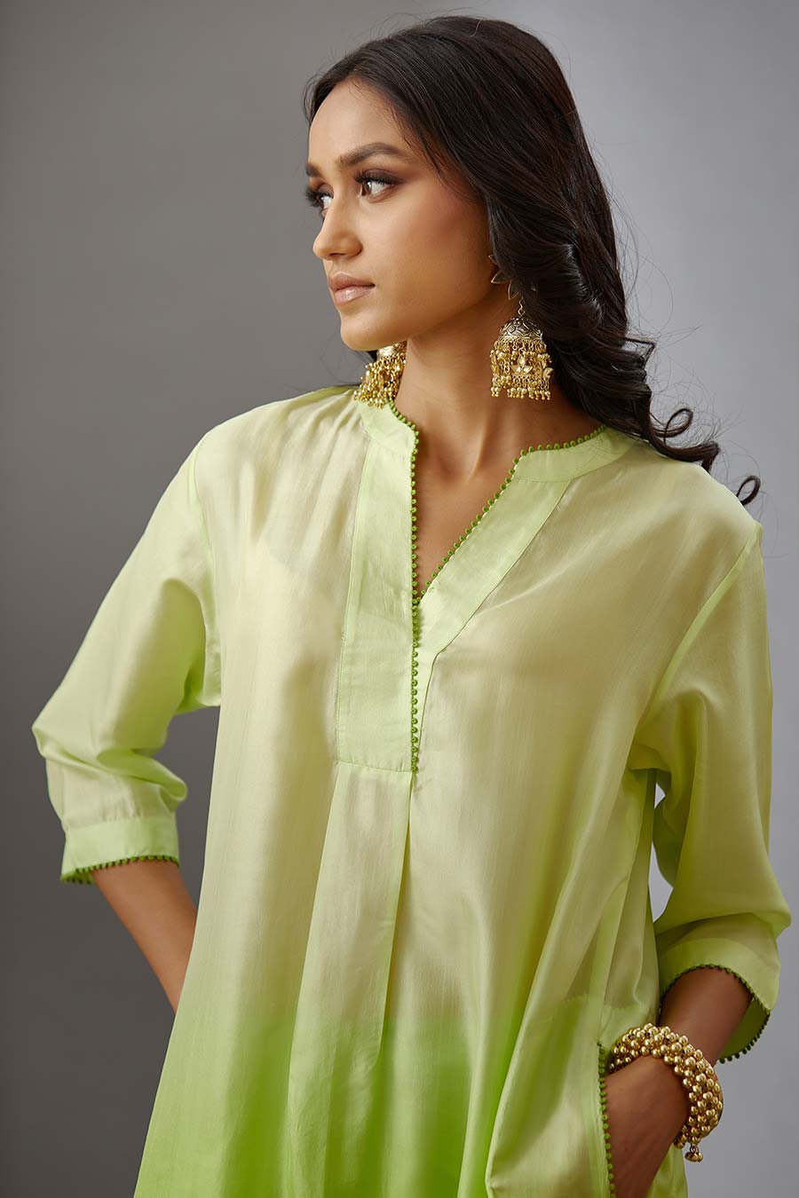 Lime Green Silk Embroidered Kurta & Pant Set