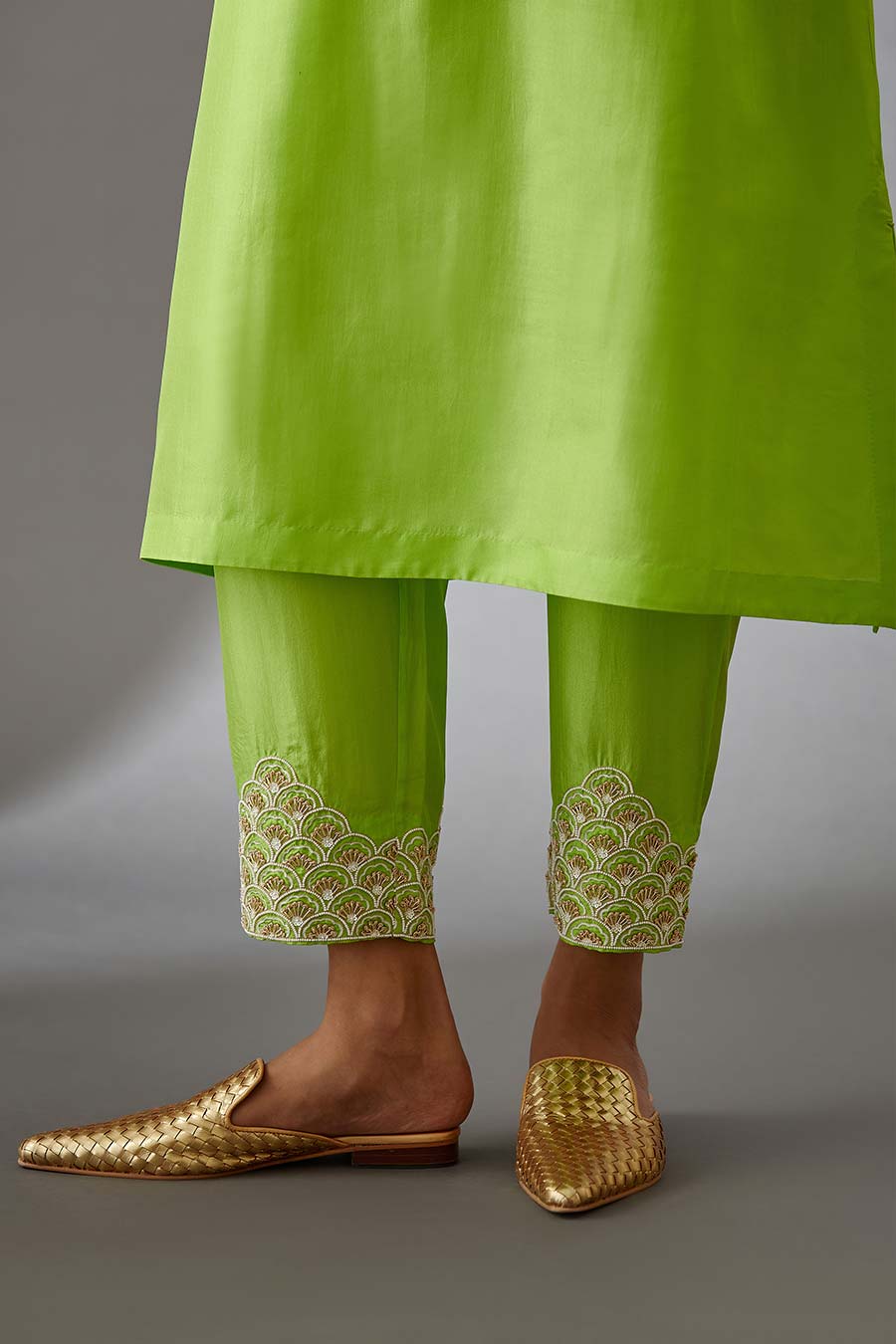 Lime Green Silk Embroidered Kurta & Pant Set