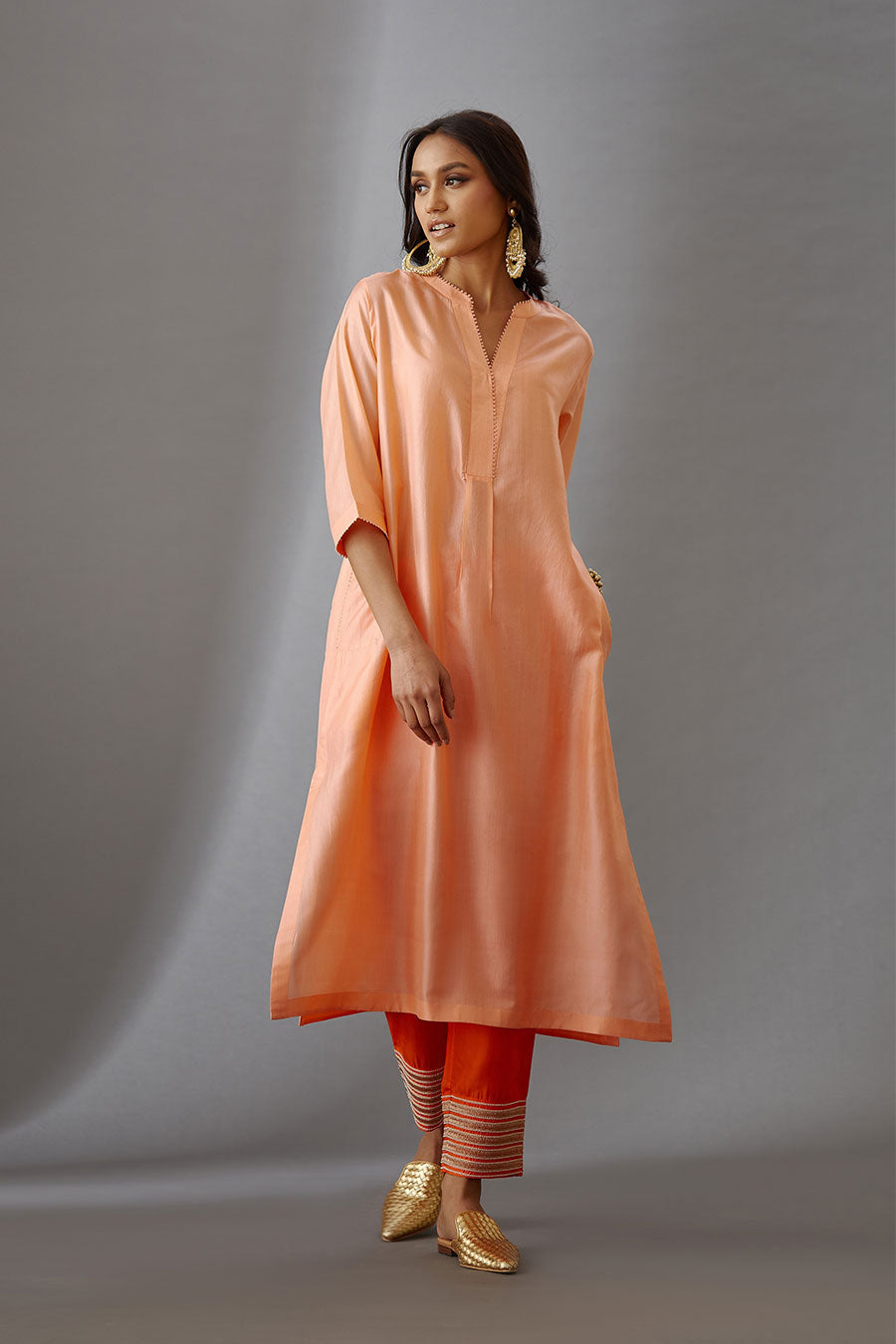 Coral Silk Embroidered Kurta & Pant Set