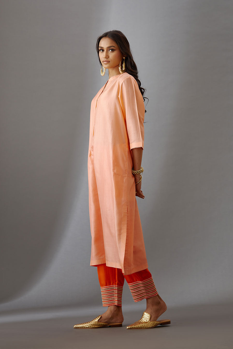 Coral Silk Embroidered Kurta & Pant Set