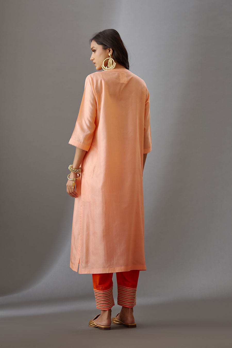 Coral Silk Embroidered Kurta & Pant Set