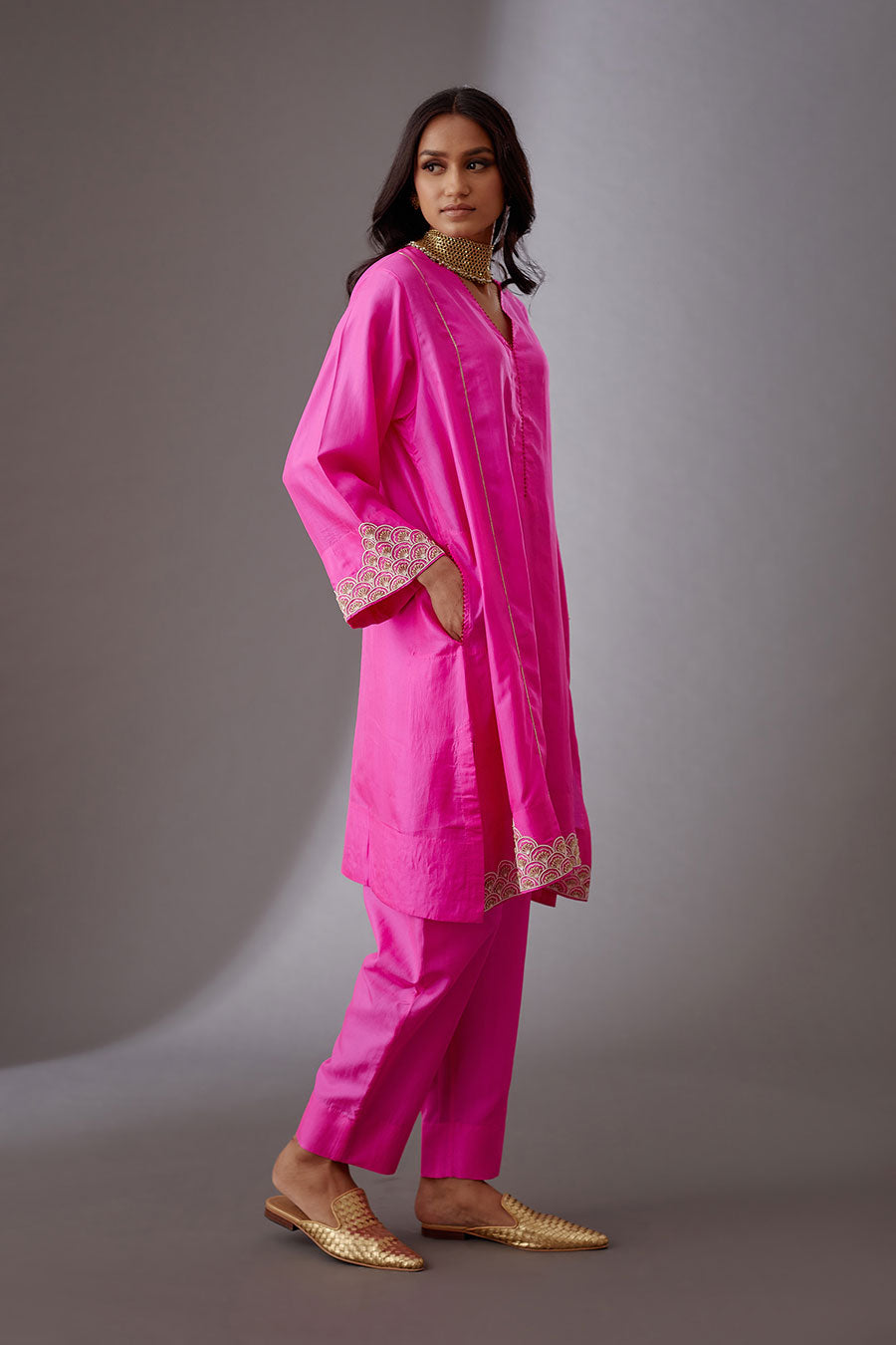 Rose Pink Silk Embroidered Kurta & Pant Set