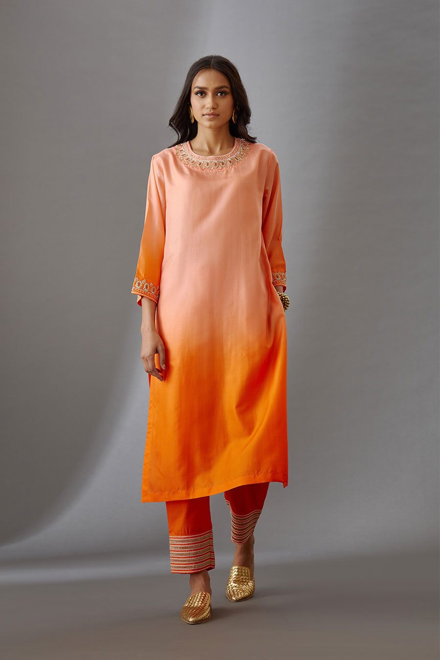 Coral Silk Embroidered Kurta & Pant Set