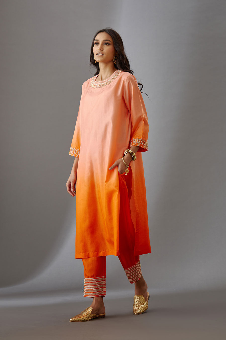 Coral Silk Embroidered Kurta & Pant Set