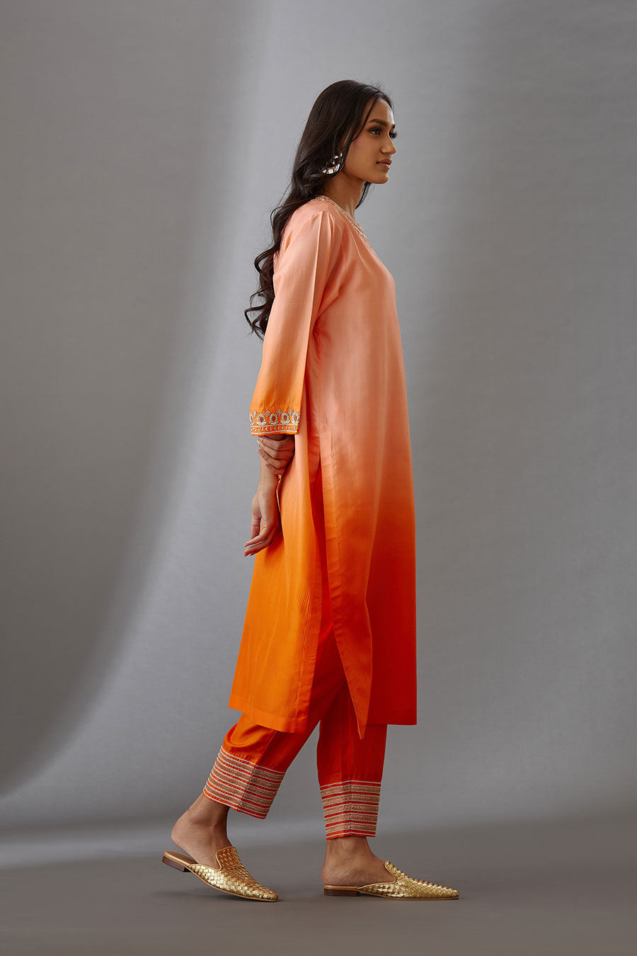 Coral Silk Embroidered Kurta & Pant Set