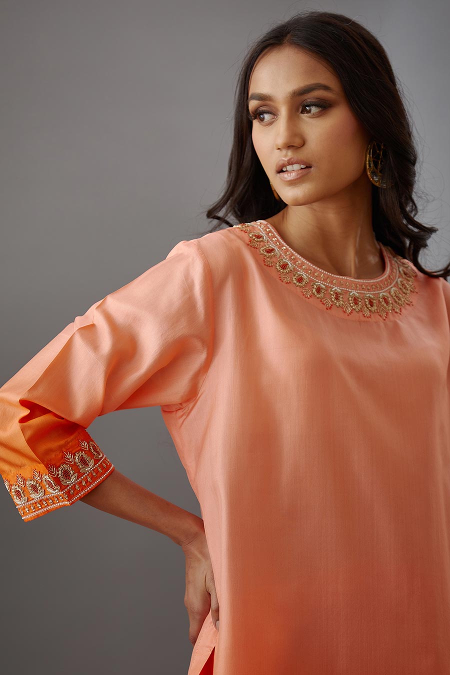 Coral Silk Embroidered Kurta & Pant Set