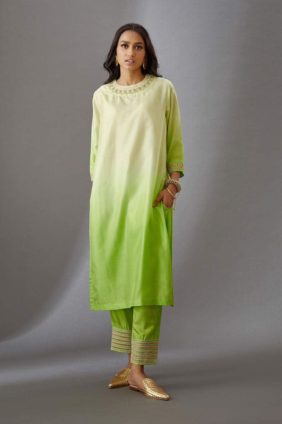 Lime Green Silk Embroidered Kurta & Pant Set