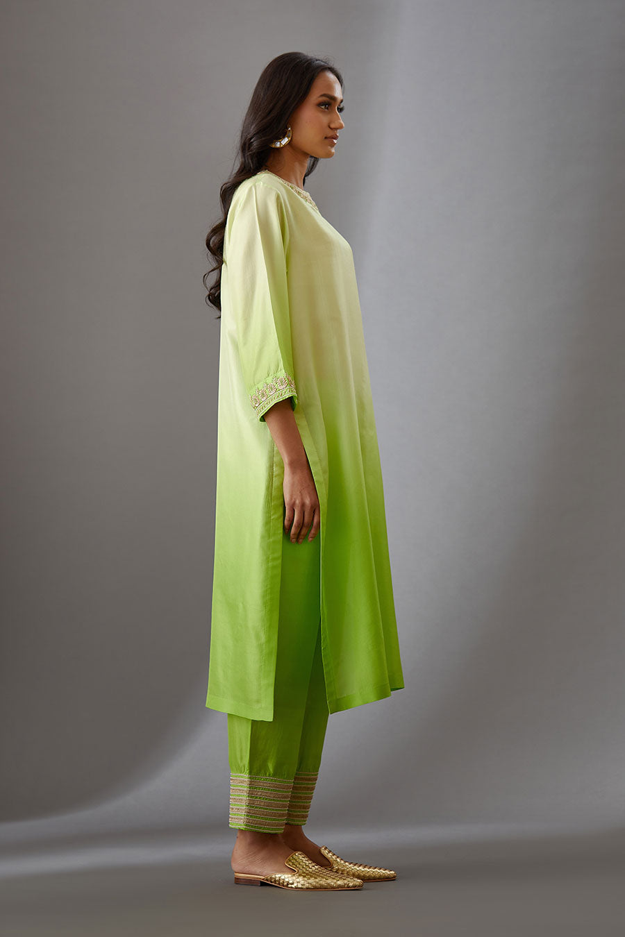 Lime Green Silk Embroidered Kurta & Pant Set